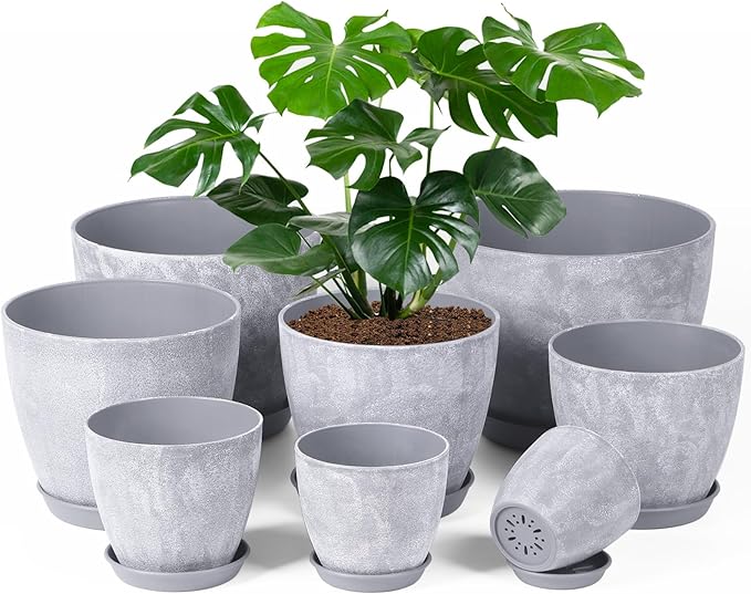 Set of 8 Plastic Planter 10/9/8/7.5/6.5/5.7/5/4inch Plastic Planter Flower Pot Indoor Decorative Large Plant Pot Plant Pots Indoor with Drainage and Saucer for All House Plants (Set of 8)