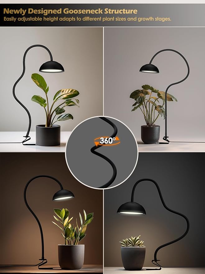 GLOWRIUM Smart Grow Lights for Indoor Plants10W Full Spectrum LED Plant Light with 3/9/12 Timer10 Dimmable LevelsHeight Adjustable Grow Light with Base (Black)