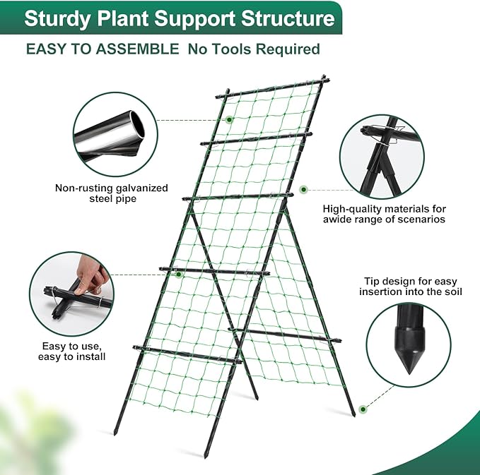 Cucumber Trellis A Frame Garden Trellis Vertical Plant Support with Netting for Raised Bed Backyard Gardening PE Coated Steel Climbing Trellis for Cucumbers Tomatoes Beans