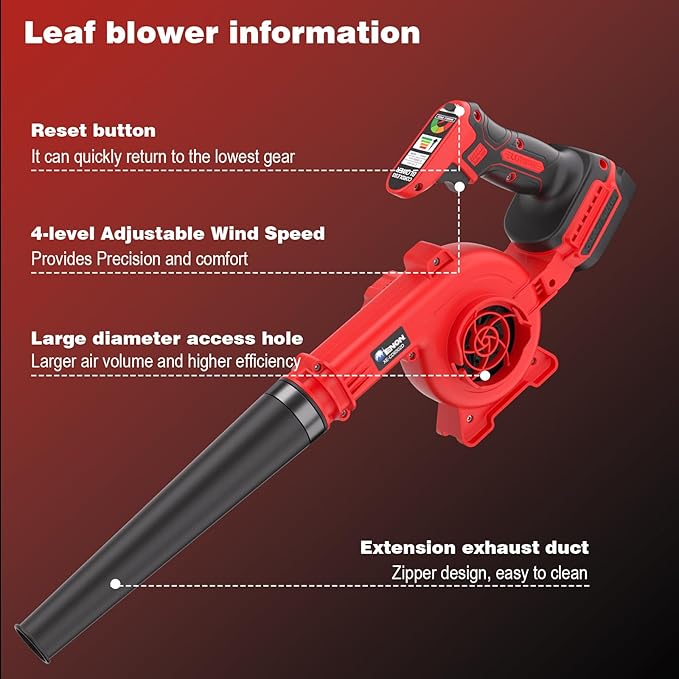 20V Cordless Leaf Blower - 4-Speed Electric Blower Lightweight for Quick Yard Cleanup Patio Driveway &amp Dust Removal - Complete Lawn Care Blower Kit(Only ToolRed)