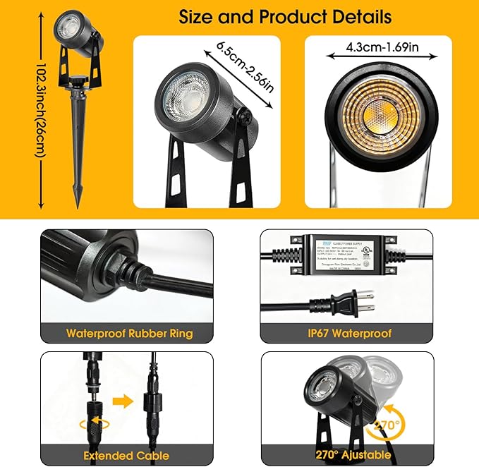 Outdoor Landscape Lighting LED Spot Lights Kit for Garden Yard House Lawn Tree Flags Fence Use Warm White 2700k-3300k IP67 Waterproof &amp Connectable - 6 Pack