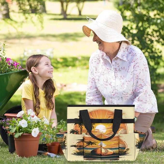 Sunset Coconut Volleyball Garden Tool Bag Waterproof Garden Tool Storage Bag Heavy Duty Oxford Gardening Tool Bag with Handle &amp 10 Pockets for Men Women Outdoor Garden Lawn Yard