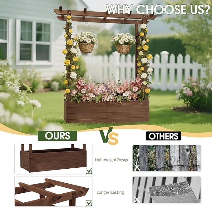 Outvita Raised Garden Bed with Trellis Wood Planter Box with Hanging Roof Side Trellis and Drainage Holes Above Ground Elevated Garden Bed for Outdoor Climbing Plants Vegetables(Carbonized Color)