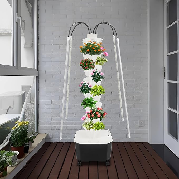 40 Pots Hydroponic Tower Growing System with Lights 8 Layers Movable Vertical Hydroponics Tower Garden Growing System Space Saving Indoor Plants Smart Garden for Gardening Lover
