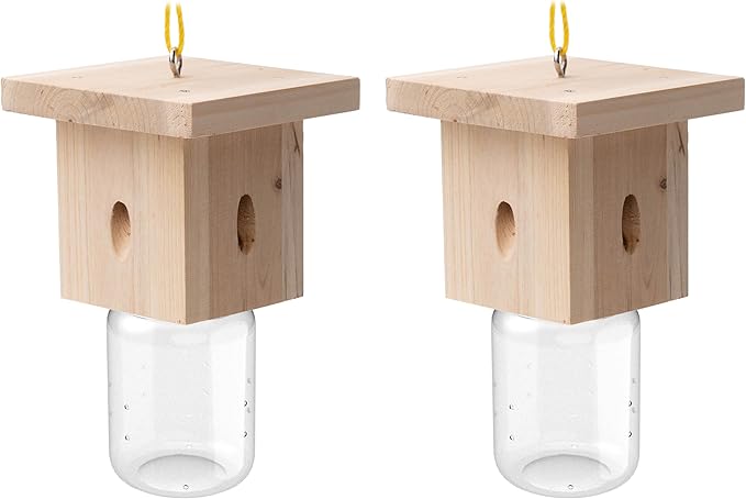2 PCS Wood Carpenter Bee Trap for Outside - Best Bee Trap - Nature Hanging Carpenter Bee Traps Plastic Jar Outdoor - Insect Traps