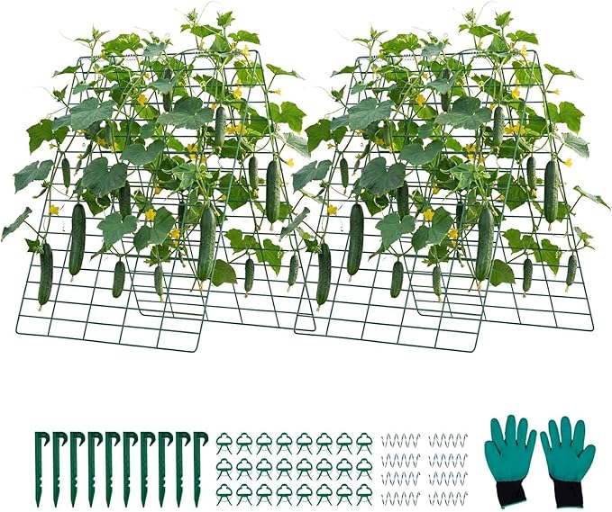 VEVOR Cucumber Trellis 35 x 55 Foldable A-Frame Garden Trellises for Raised Bed 4 Panels Metal Rustproof Outdoor Climbing Plant Support with Gloves for Vine Peas Beans Tomato Flowers