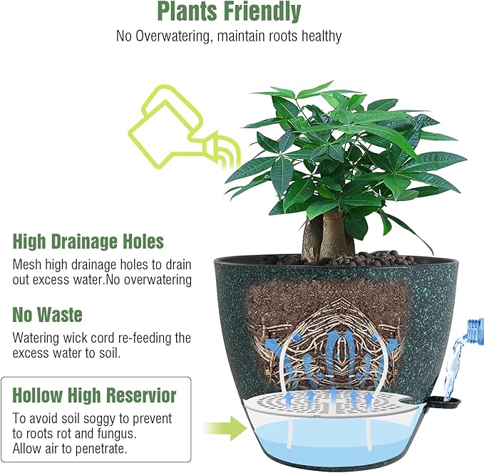 12 inch Large Self Watering Pots Plastic Planters with 60oZ Removable Deep Reservoir and Multi Mesh Drainage Holes for Indoor Outdoor Garden Plants and Flowers Black with Green Speckles