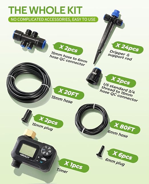 HIRALIY 100FT Automatic Drip Irrigation Kits with Garden Timer Garden Watering System for Patio Lawn Quick Connector Design Irrigation System Kit with Easy Programmable Water Timer
