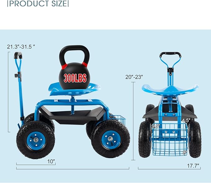 Rolling Garden Cart with Workseat - Heavy Duty Scooter with Handle and Storage Gardening Stool 360 Degree Swivel Seat for Seniors Garden Cart on WheelBlue
