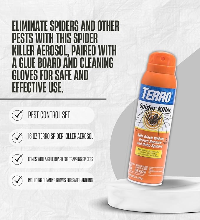 4X TERRO Spider Killer Aerosol 16 oz Bundle with Glue Board Trap and Cleaning Gloves – Ant Spray and Spider Repellent Indoor &amp Outdoor – Gift Set (6 Items)