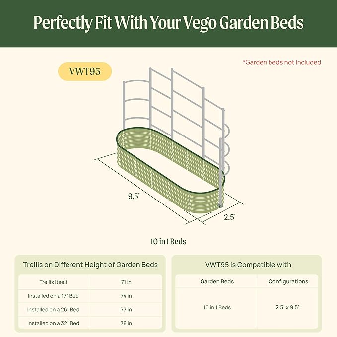 Vego Garden Modular Wall Trellis System Five Section 9.5' Long for 2.5' x 9.5' (10 in 1) Garden Beds
