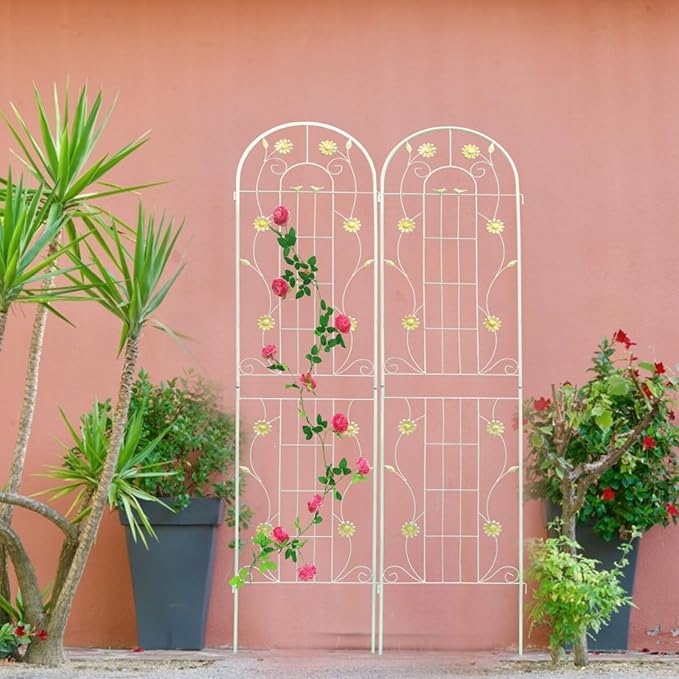 Metal Garden Trellis for Climbing Plants Vines Rose Rustproof Trellis for Outdoor Decor Garden Backyard Patio Outdoor Flower Support Easy Assembly 86.7 x 19.7 (Cream White 2 Pack)