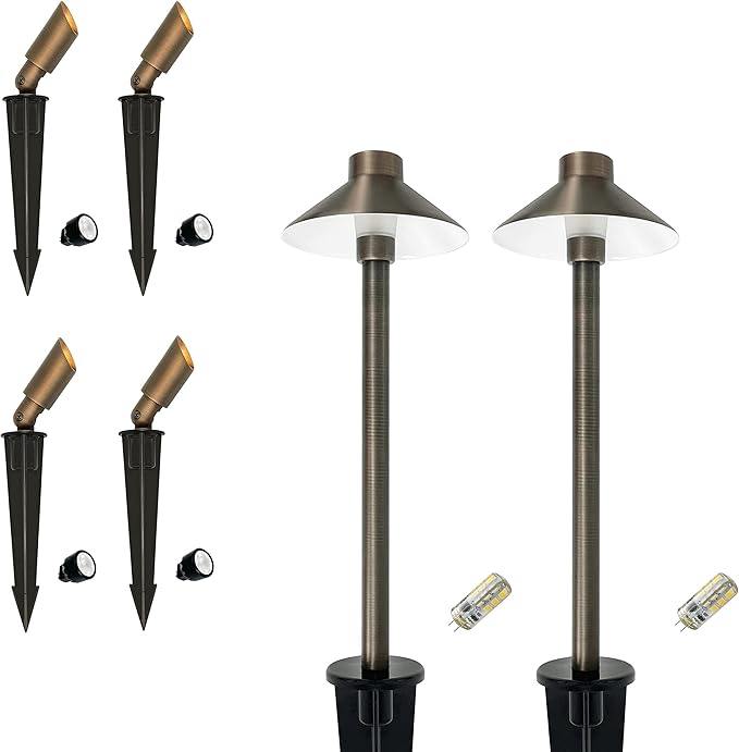 GKOLED 4 Pack Mini Brass Landscape Spotlights (MR8 Bulbs Included) with 2 Pack Brass Landscape Path Lights (G4 Bulbs Included)