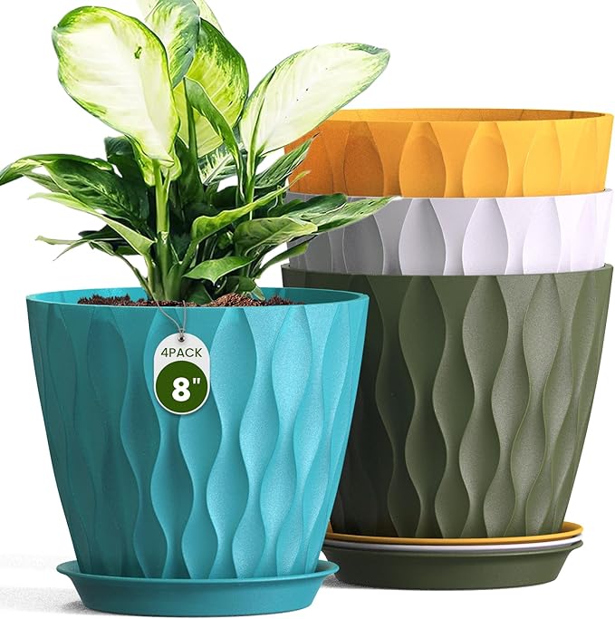 8 Inch Plant Pots with Saucers (4 Pack) - Modern Ribbed Flower Pots for Indoor Plants - Sturdy Decorative Planters for Snake Plant &amp Flowers - Drainage Holes (4 Multicolor)