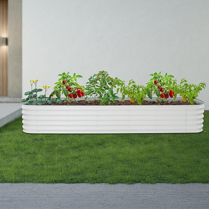 White Raised Garden Bed Kit 112” 14-in-1Metal Planter Box Aluminum-Zinc Plated Steel Planter Box for Outdoor Plants Vegetables Flowers &amp Herbs (Large)