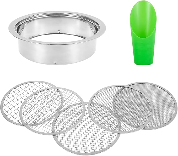 Soil Sifter Soil Sieve Sifter Set Stainless SteelGarden Sieve Set with 5 Interchangeable Mesh 1/3/6/9/12mm with Soil Scoops Gardening Tool Sifting Screen for Dirt Sand Rock Filtration Compost