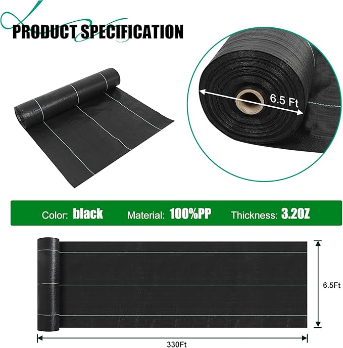 6.5ft x330ft Black Weed Barrier Landscape Fabric Heavy Duty 3.2OZ French Drain Fabric Ground Cover Weed Cloth for Erosion ControlOutdoor Gardening Weed Control Mat