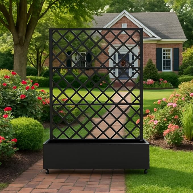 Metal Planter Box with Diamond Lattice Trellis 72x47 Galvanized Raised Garden Bed on Wheels for Climbing Plants Black