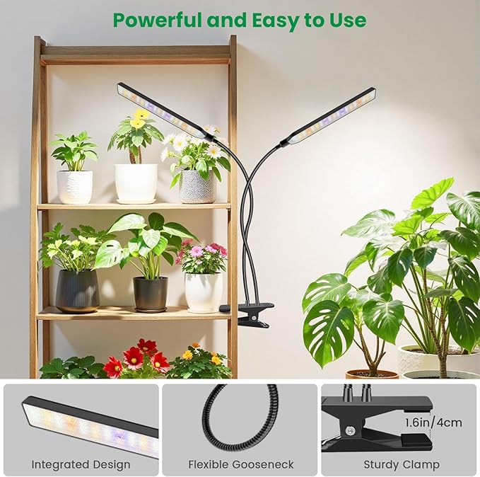 Grow Light Clip on 2 Pack 228 LED Full Spectrum Plant Lights for Indoor Growing 2 Head Black Arm Grow Lamp with Gooseneck 6/12/16H Timer 5 Dimming 3 Light Mode
