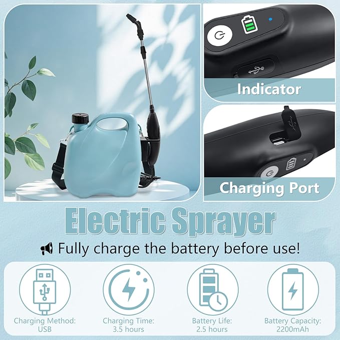 Battery Powered Sprayer 2 Gallon Electric Garden Sprayer in Lawn with 3 Mist Nozzles USB Rechargeable Handle Retractable Wand Yard Pump Sprayers with Adjustable Shoulder Strap for Plants