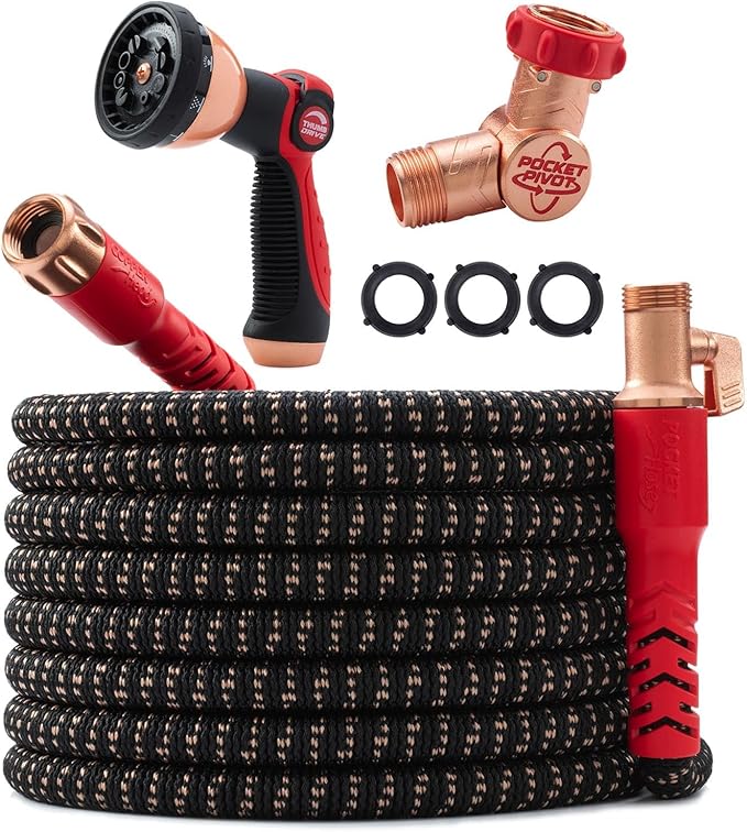 Pocket Hose 100 FT Copper Head Expandable Garden Hose with Pocket Pivot No Tangles AS SEEN ON TV 360° Swivel Tri-Tex Tubing Force Field Jacket Lead-Free No-Kink Anti-Burst w/APT