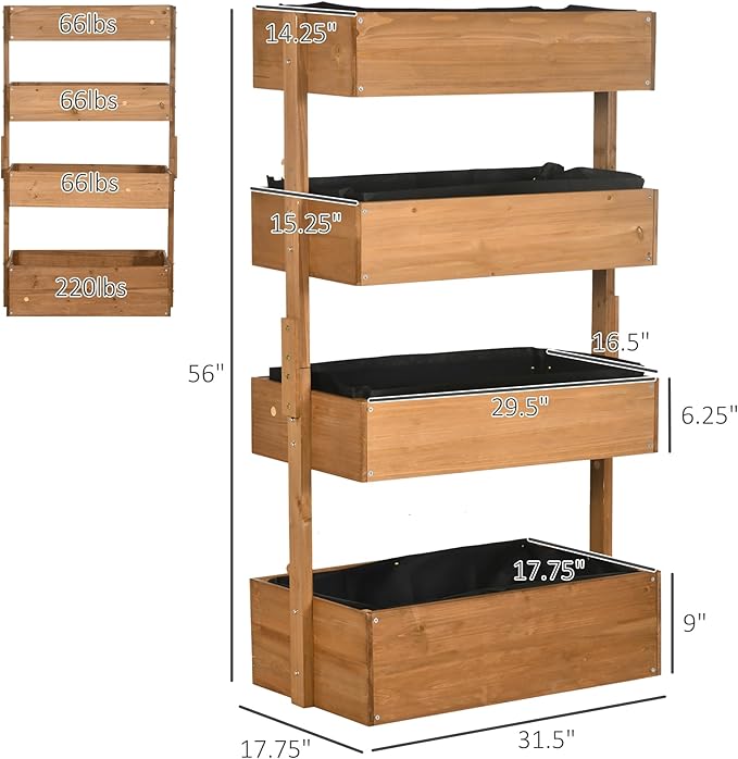 Vertical Garden Planter Wooden 4 Tier Planter Box Self Draining with Non Woven Fabric for Outdoor Flowers Vegetables and Herbs Orange