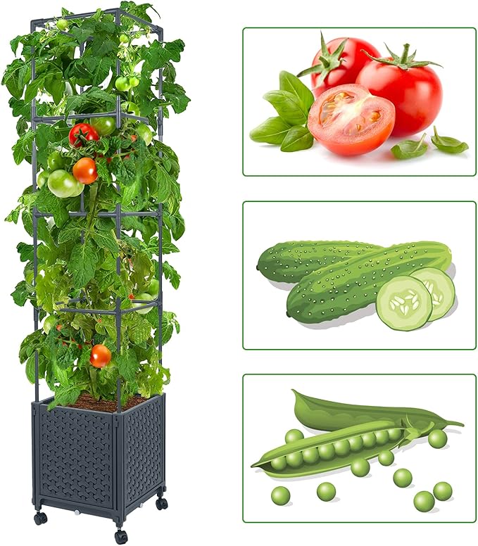 LINEX Raised Garden Bed Planter Box with Trellis 56.7” Tomato Planters for Climbing Plants Vegetable Vine Flowers Outdoor Patio Tomatoes Cage w/Self-Watering &amp Wheels