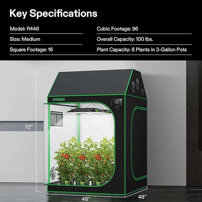 VIVOSUN R446 4x4 Grow Tent 48x48x72 Roof Cube Tent with Observation Window and Floor Tray for Hydroponics Indoor Plant for VS4000/VSF4300