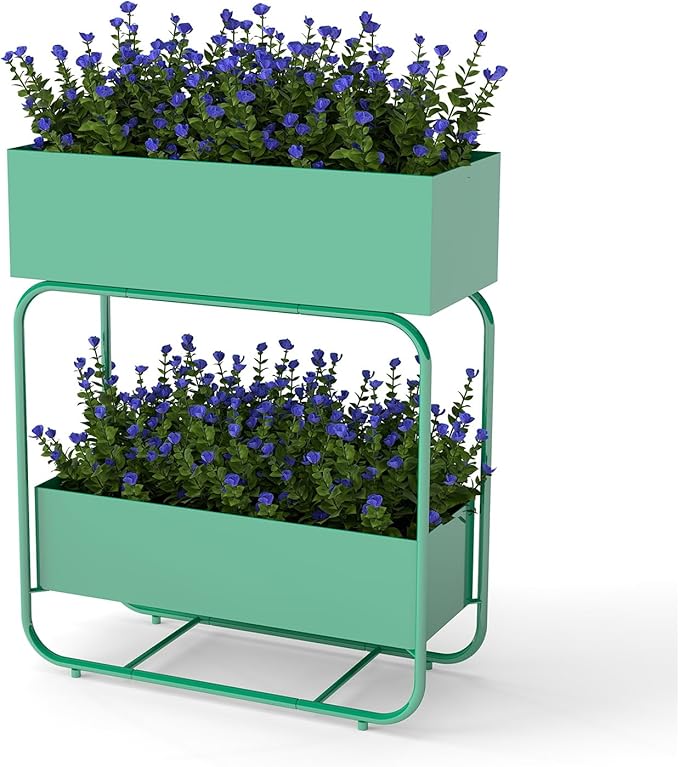 kinbor 2 Tier Elevated Raised Garden Bed Outdoor - Durable Planter Boxes for Vegetables Flowers &amp Herbs (29” Tall Rust-Resistant Steel Green)