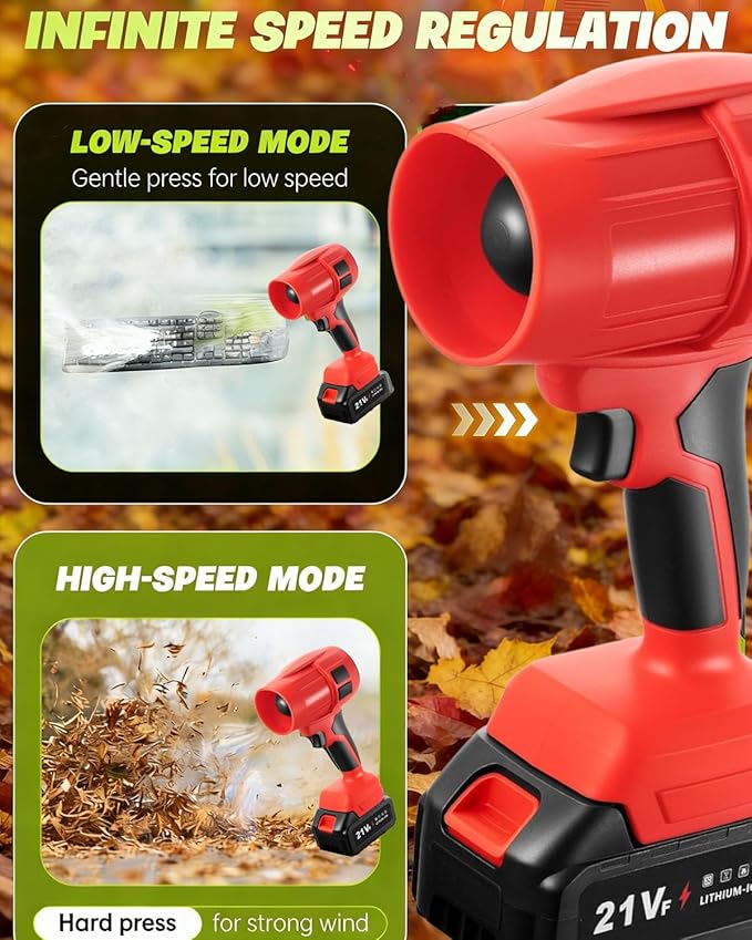 Power Leaf Blower 21V Cordless Lightweight Handheld Electric Turbo Jet 2x4Ah Batteries Fast Charger 1000000 RPM High Speed with Ergonomic Handle for Yard Cleaning Lawn Maintenance Blowing Leave (Red)
