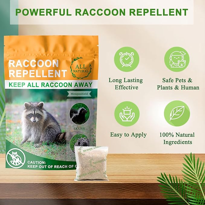 Natural Raccoon Repellent Granules | Eco-Friendly Non-Toxic &amp Long-Lasting Protection with Garlic Peppermint &amp Wintergreen Oils | Safe for Pets and Children |6-Pack (25g per Bag)