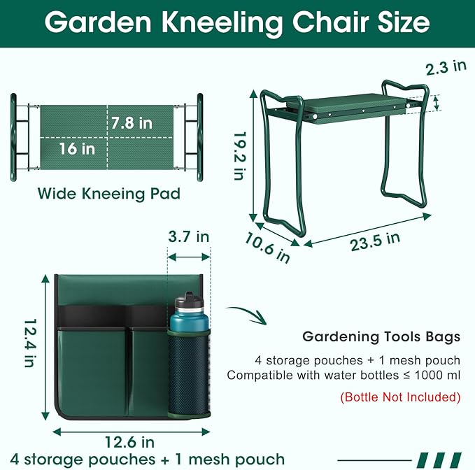 2-in-1 Garden Kneeler with Umbrella Garden Kneeling Bench &amp Green Umbrella Portable Garden Stool Loads Capacity 330lb and Garden Tools Bag with bottle holder Gardening Gifts for WomenMenSenio