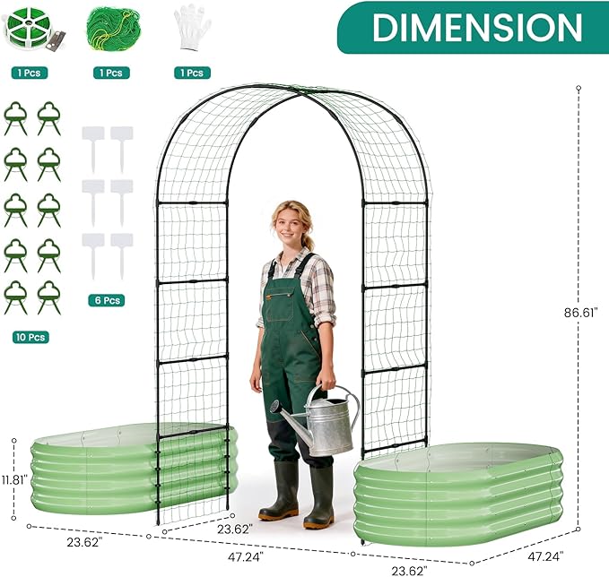 DoCred 3 in 1 Raised Garden Bed with 87in Tall Arch Trellis for Climbing Plants Galvanized Planter Garden Box Outdoor for Gardening Climbing Vegetables Flower Green