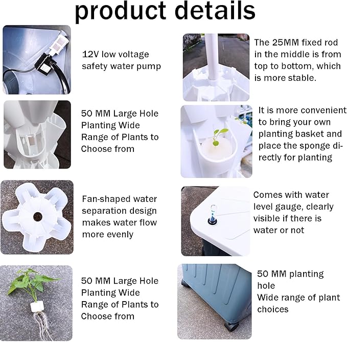 Hydroponics Tower Garden Vertical Growing System KitAquaponics Growing SystemNursery Germination Kitwith Hydrating Pump Adapter.for Herbs Fruits and Vegetables(Black12layers)