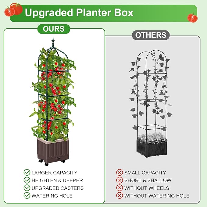Raised Garden Bed Planter Boxes with Trellis1pcs 70.9Self-Watering Tomato Planter Boxes with Trellis for Climbing Vegetables Plants Flowers Tomato with WheelsUse for Indoor Outdoor (Brown)