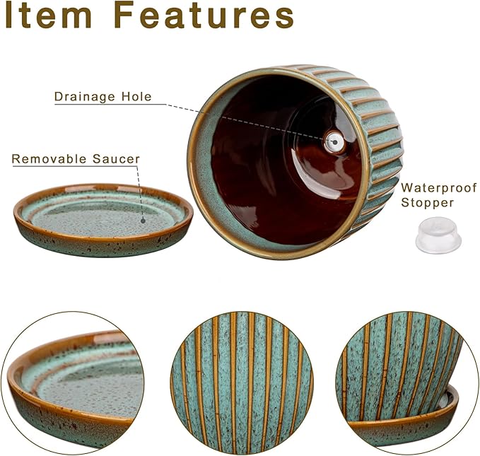 Oairse Ceramic Pots for Indoor Plants 4.9 + 5.7 Inch Set of 2 Bluish Grey With Drainage Holes and Saucers Texture Planters for Succulent Indoor Outdoor Flower