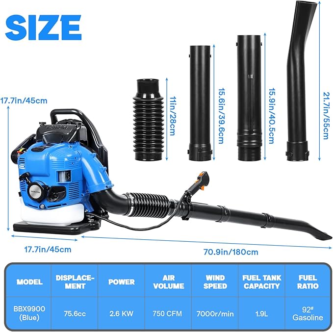 Backpack Leaf Blower 75.6CC Gas Powered Backpack Leaf Blower 2.6KW High Power Blowing Leaf Cleaning Dust with 1.9L Fuel Tank Adjustable Offset Handle Ergonomic Harness System 4 Stroke (750CFM)