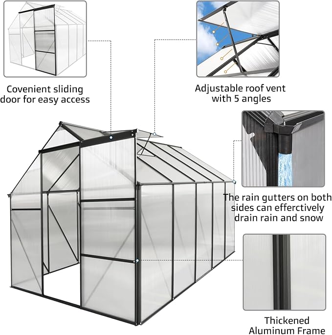 6x10 FT Polycarbonate GreenhouseHeavy Duty Walk-in Garden Plants Green HouseAdjustable RoofRaised Base and Sliding Door for Outdoor BackyardEasy to InstallBlack