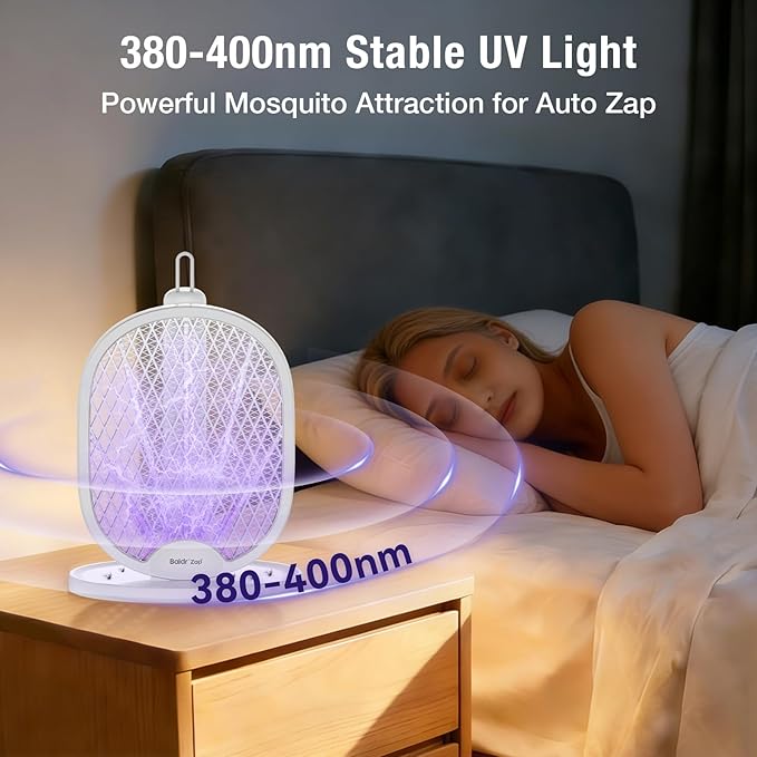 BALDR Electric Fly Swatter Racket Foldable 2 in 1 Bug Zapper 3000V Powerful Mosquito Killer with Purple Attractant Trap Lamp 1200mAh Type-C Rechargeable for Indoor Home Office Patio Camping 2 Pack