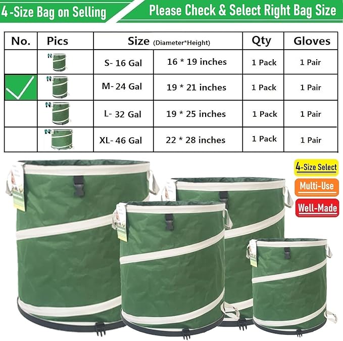 24-Gallon Collapsible Trash Can (19x21 in) Hard-Shell Bottom Leaf BagYard Waste BagsGarden Debris BagRV Camp Waste BinPop-Up Trash CanRecycling BinLaundry HamperLawn Grass ClippingsWeed Barrel