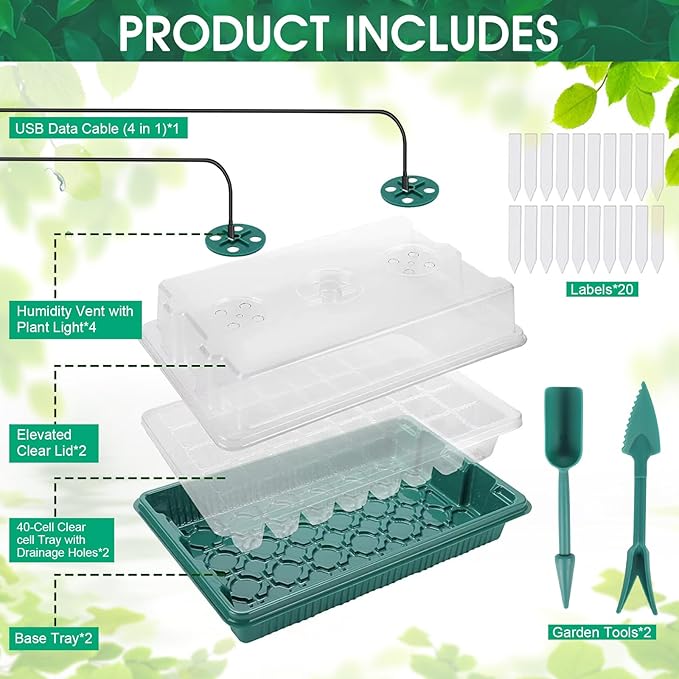 2 Pack Seed Starter Kit with Full Spectrum Grow Light 80 Cells thickened Seed Starter Tray with Humidity Dome 4 Time Setting Adjustable Brightness and Vent Germination Tray for Indoor Planting