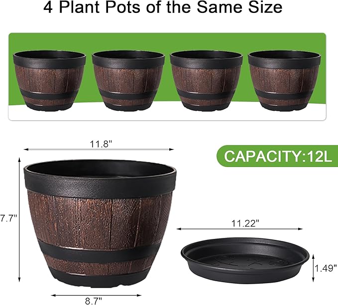 VECELO Plant Pots with Drainage Holes &amp Saucer 11.3 Inch Flower Pots with Tray 4 Pack Plastic Whiskey Barrel Planters for Indoor &amp Outdoor Garden Home Plants and Flowers