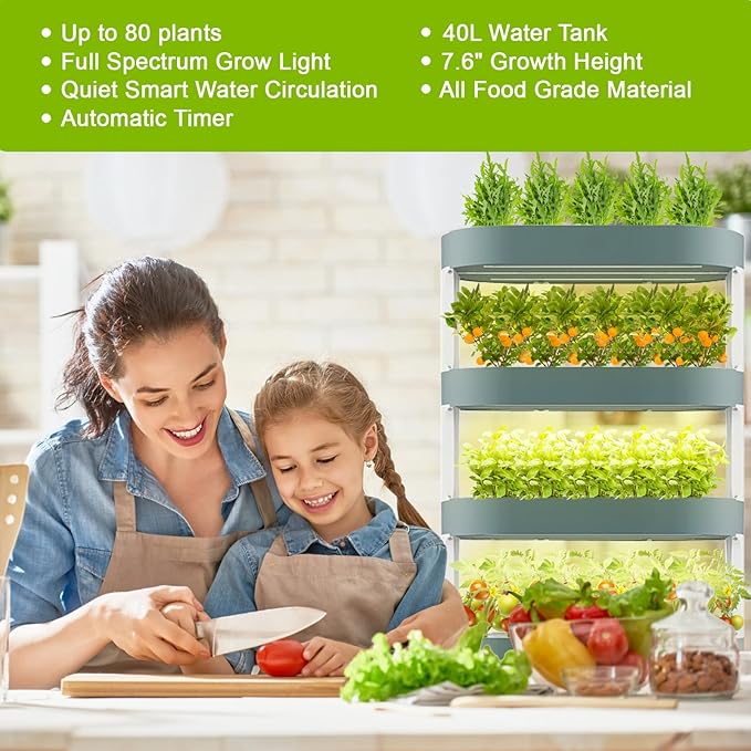 Lyfreen 5-Tier Smart Hydroponics Growing System Kit with LED Grow Light Hydroponic Tower for 80 Plants Self-Watering Indoor Herb Garden for Herbs Vegetables Salad Greens 40L Water Tank