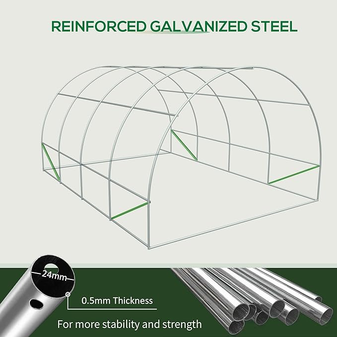 【LuckyNote】 20' x 10' x 7' Walk-in Tunnel Greenhouse Garden Warm House Large Hot House Kit with 8 Roll-up Windows &amp Roll Up Door Steel Frame Green