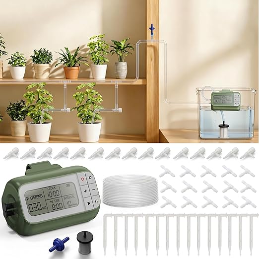 33FT 1/4'' Tube Drip Irrigation Kits Plant Watering Automatic Garden Irrigation Kits for 15 Potted Plants Plant Misters for Inside Irrigation System with Programmable Water Timer