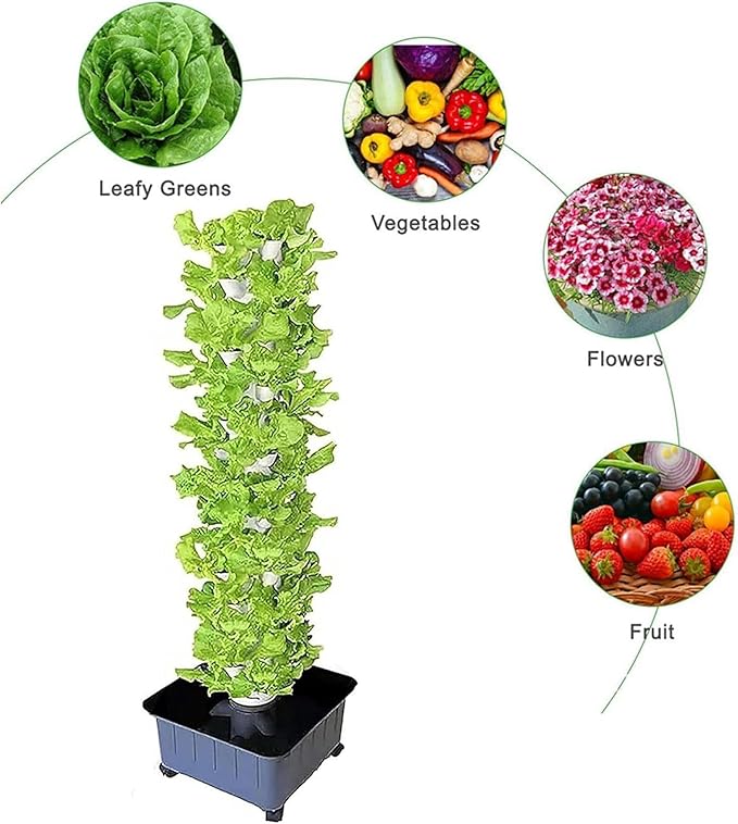 Hydroponic Tower Aquaponic Growing Garden Tower Aeroponic Growing Kit for Herbs Fruits and Vegetables with Moisturizing Pump Adapter Net Pots