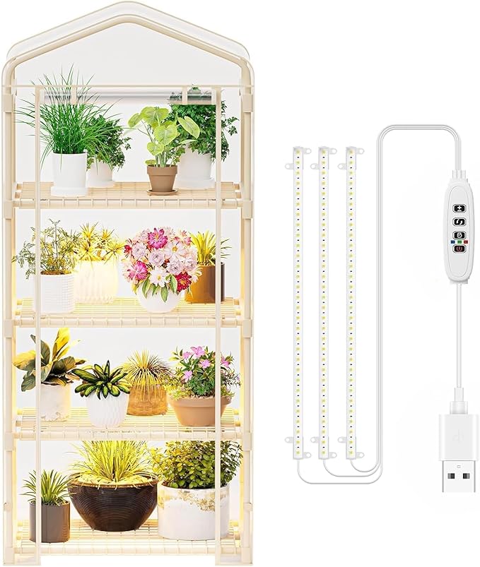SPECILITE Indoor Greenhouse with Grow Lights - Adjustable 4 Tiers 27.6L×19.3W×61.4H Mini Greenhouse with Zip PVC Cover and 45W Plant Light Portable Green House with Timer for Winter &ampIndoor Pl