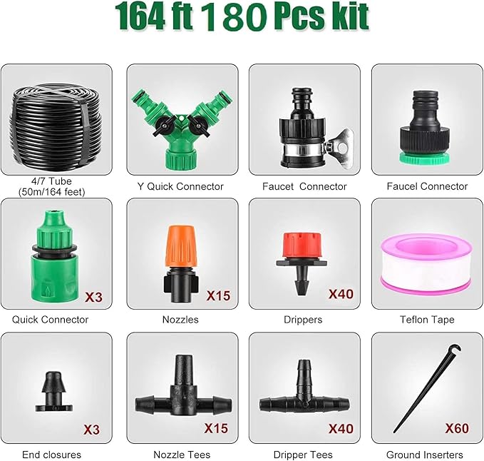 Drip Irrigation System 164FT 180 Pack Garden Drip Irrigation Kit 1/4 Blank Tubing Drip Kit DIY Automatic Irrigation Equipment Set for Garden Greenhouse Flower BedPatioLawn