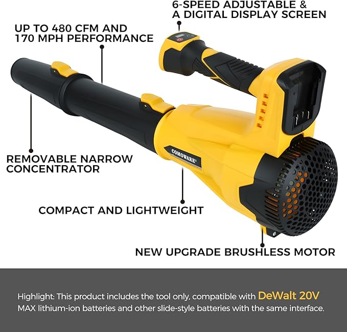COMOWARE Cordless Leaf Blower 480 CFM/170 MPH 6-Speed Mode with Digital Display Screen Compatible with DeWALT 20V MAX Battery Blower for Lawn Care Yard Blowing Leaves Dust Snow (Tool Only)