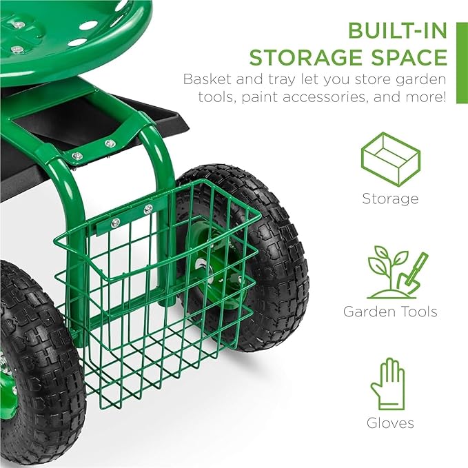 4-Wheel Garden Cart with 360° Swivel Seat - Heavy Duty Rolling Work Seat with Tool Tray &amp Storage Basket 10 Rubber Tires &amp 330lb Capacity for Outdoor Gardening